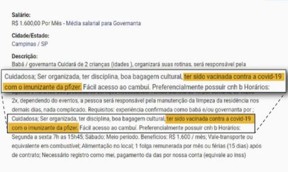 Site remove anúncio de vaga que exigia vacinação com Pfizer e bloqueia usuário de Campinas