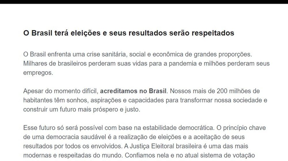 Empresários e lideranças políticas e religiosas divulgam manifesto em defesa das eleições e da Justiça Eleitoral