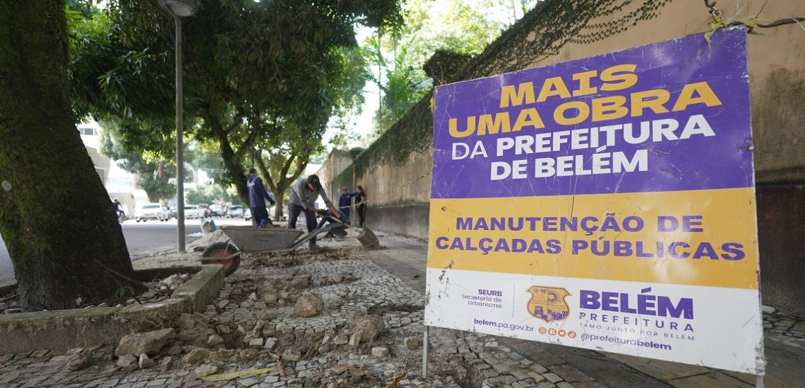 Calçamento em pedra portuguesa do Museu Emílio Goeldi passa por manutenção