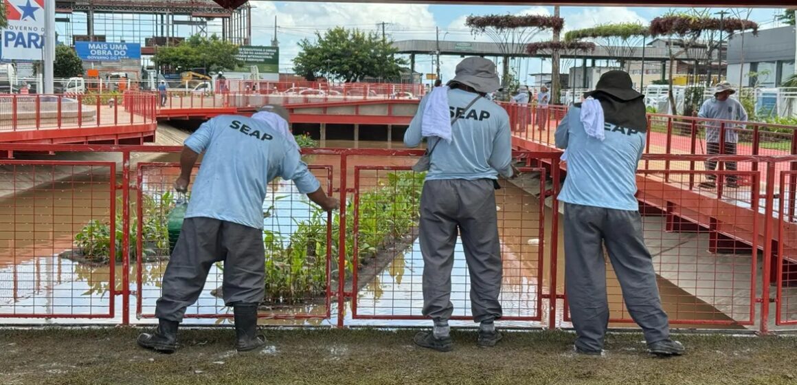 20250401193558-GC00065857-F00230869E Área do Parque Linear da Nova Doca, em Belém, recebe limpeza feita por custodiados