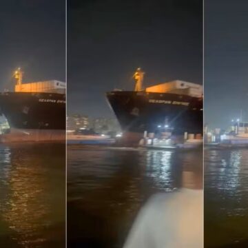 edig1 - 1 Navio porta-contêineres colide com duas balsas no Porto de Santos e tripulantes saltam no mar