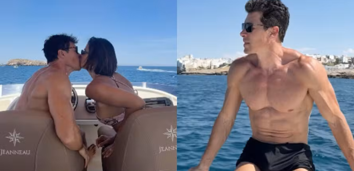Rodrigo Faro curte passeio romântico de barco na Itália com Vera Viel e filhas, e ganha elogios pelo físico aos 52 anos